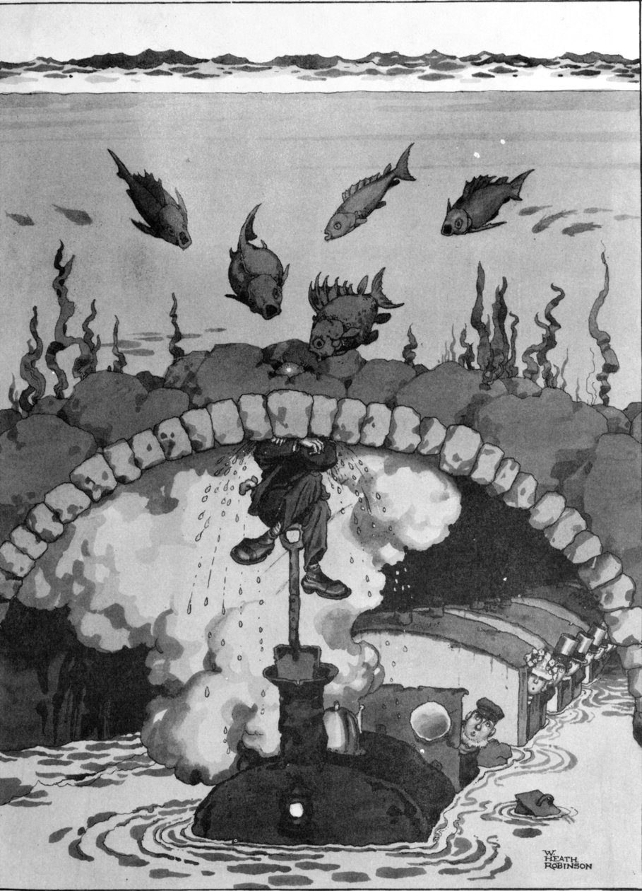 Netěsnost v tunelu pod Lamanšským průlivem, ilustrace z knihy "Vynálezy od William Heath Robinson
