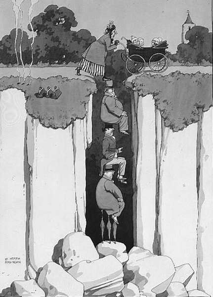 Skutek laskavosti, přemýšlivost tří pánů v asistující dámě nad propastí (pero a inkoust, akvarel) od William Heath Robinson