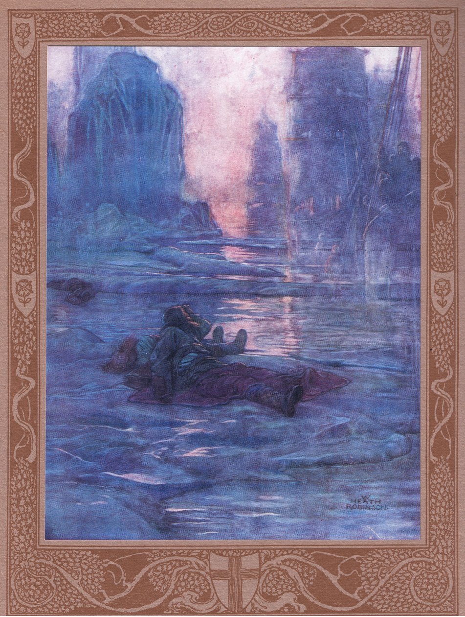 Následujte nás – čekáme u stezek, které jsme ztratili. Za zvuky mnoha kroků, za šlapání hostitele. od William Heath Robinson