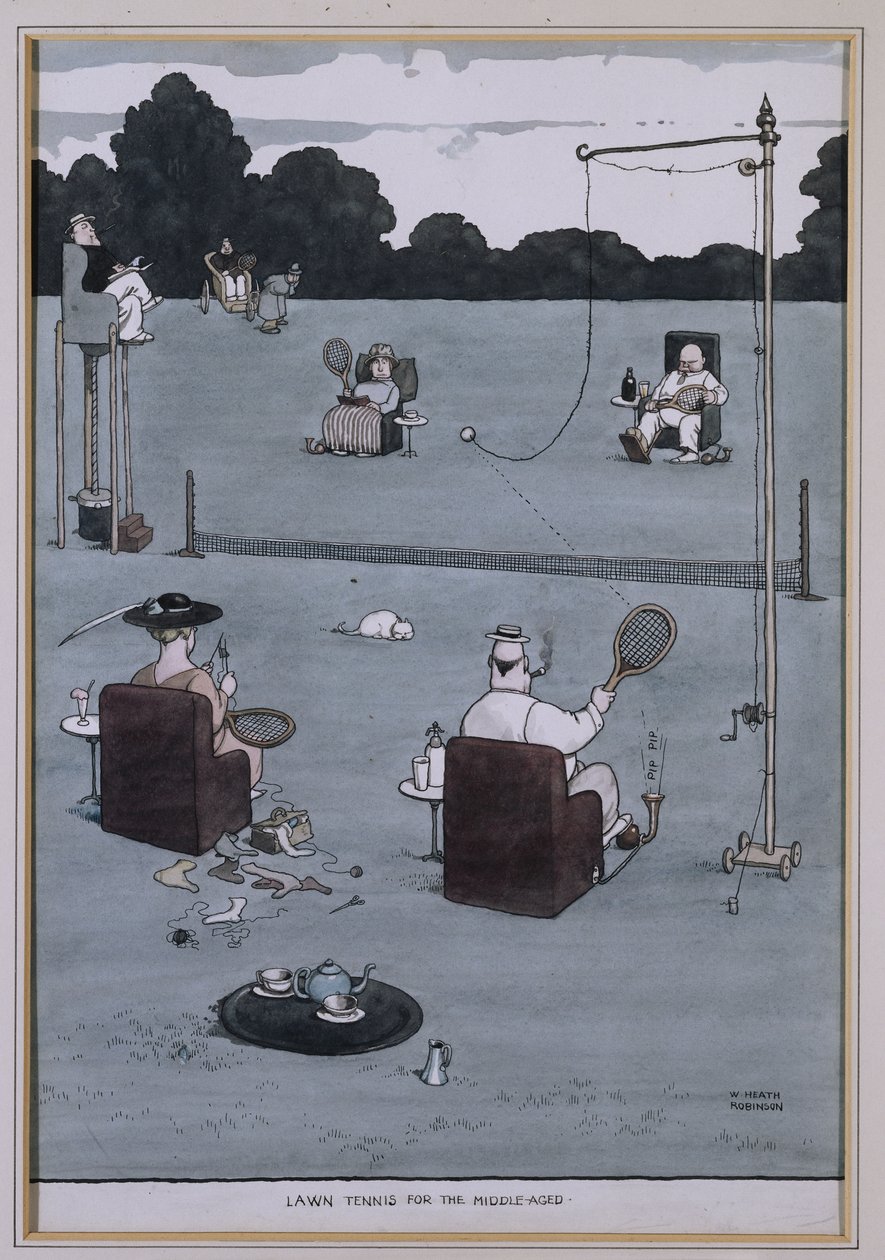 Lawn Tennis pro střední věk (pero, inkoust a w/c) od William Heath Robinson