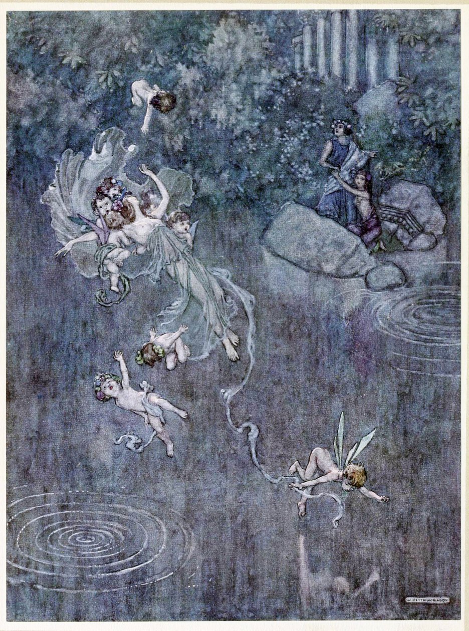 Oberon: a přimějte ho, aby se spravedlivým Aeglem zlomil jeho víru, od, Sen noci svatojánské, hospoda. 1914 od William Heath Robinson