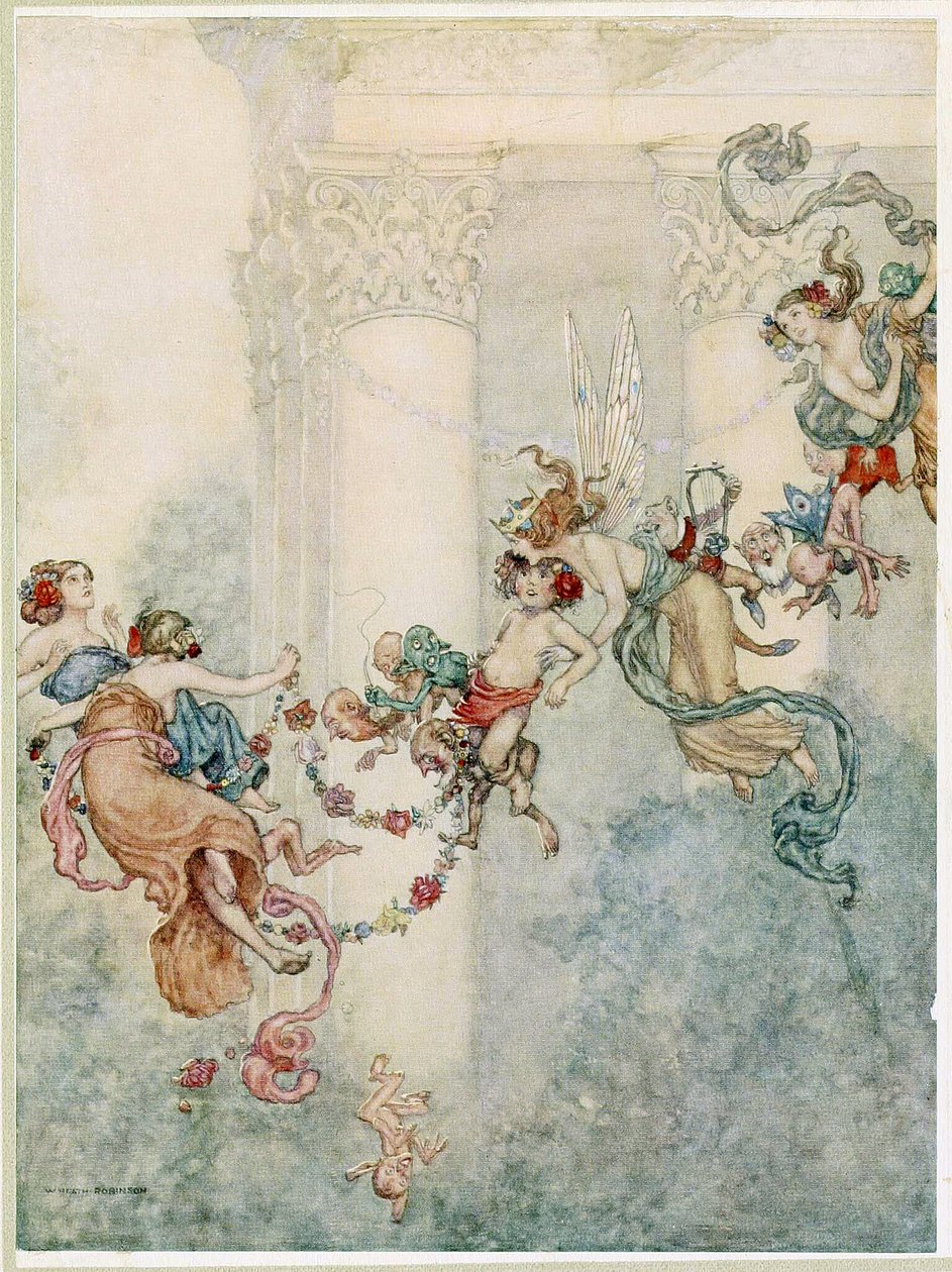 Puk: Nikdy neměla tak sladkého měňavce z hospody Sen noci svatojánské. 1914 od William Heath Robinson