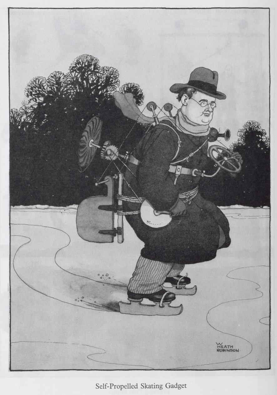 Samohybné brusle, ilustrace z knihy "Vynálezy od William Heath Robinson