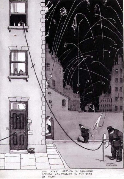„Nejnovější metoda probouzení speciálních strážníků v hluboké noci“, ilustrace k „Inventions“, Duckworth 1973 (pero a inkoust, akvarel) od William Heath Robinson
