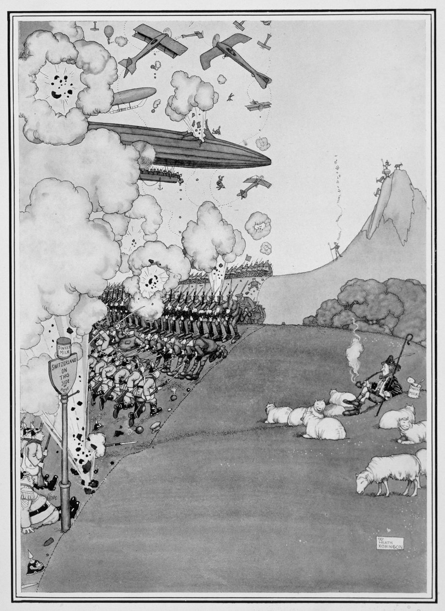 Pohled na válku ze Švýcarska, z knihy "Několik děsivých válečných obrázků", 1915 od William Heath Robinson