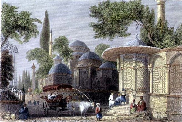 Fontána a mešita Chahzade, vyryté Roberts Sands (1792-1855) c.1850 (akvatinta) od William Henry (after) Bartlett