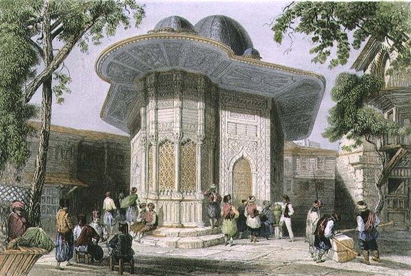 Fontána v Galatě, Istanbul, vyryla H. Griffiths, c.1850 (akvatinta) od William Henry (after) Bartlett