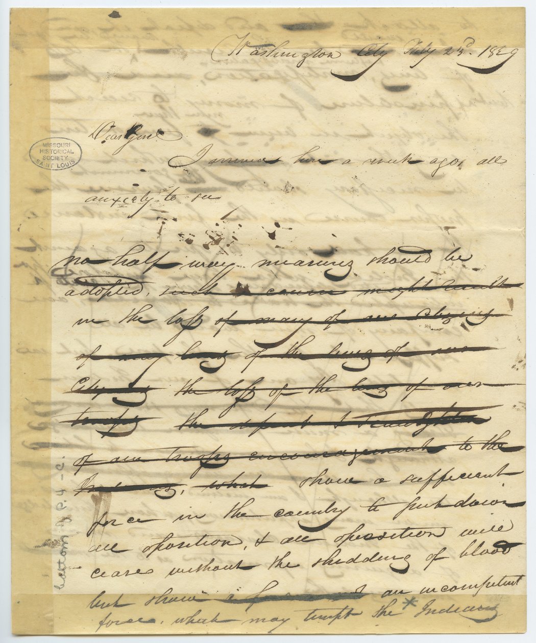 Koncept dopisu Williama H. Ashleyho, Washington, začíná -„Milý Genle, dorazil jsem sem před týdnem. . . ” od William Henry Ashley