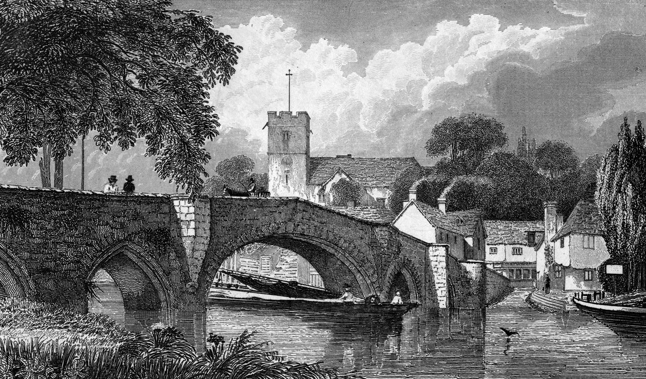 Aylesfordský kostel a most, vyryl B. Winkles, vydáno 1829 od William Henry Bartlett