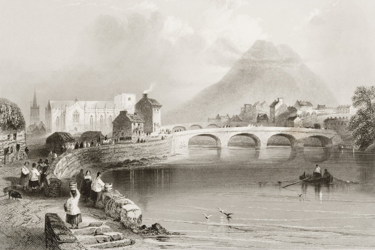 Ballina, hrabství Mayo, z „Scenérie a starožitnosti Irska“ od George Virtue, 60. léta 19. století od William Henry Bartlett