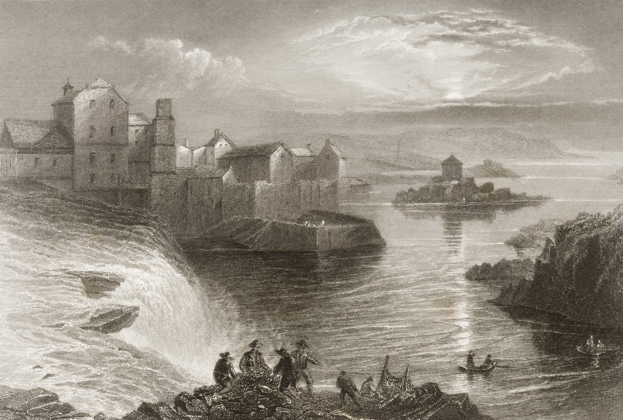 Ballyshannon, hrabství Donegal, z „Scenérie a starožitnosti Irska“ od George Virtue, 60. léta 19. století od William Henry Bartlett