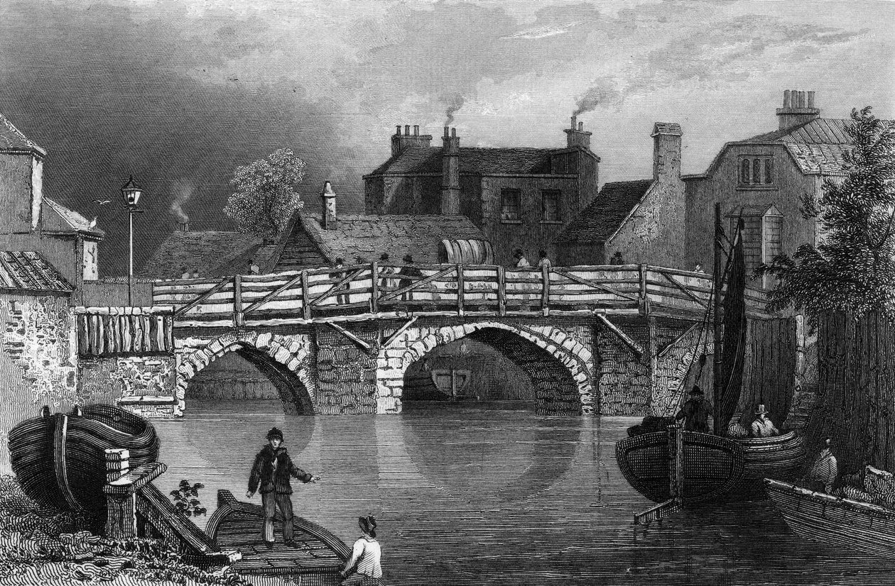 Bow Bridge, Essex, vyrytý John Rogers, 1832 od William Henry Bartlett