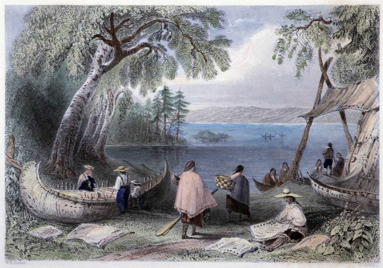 Stavba kánoe na Pappers Islands poblíž řeky Ottawa – v „“kanadské scenérii ilustrované““ od Bartletta W. H. od William Henry Bartlett