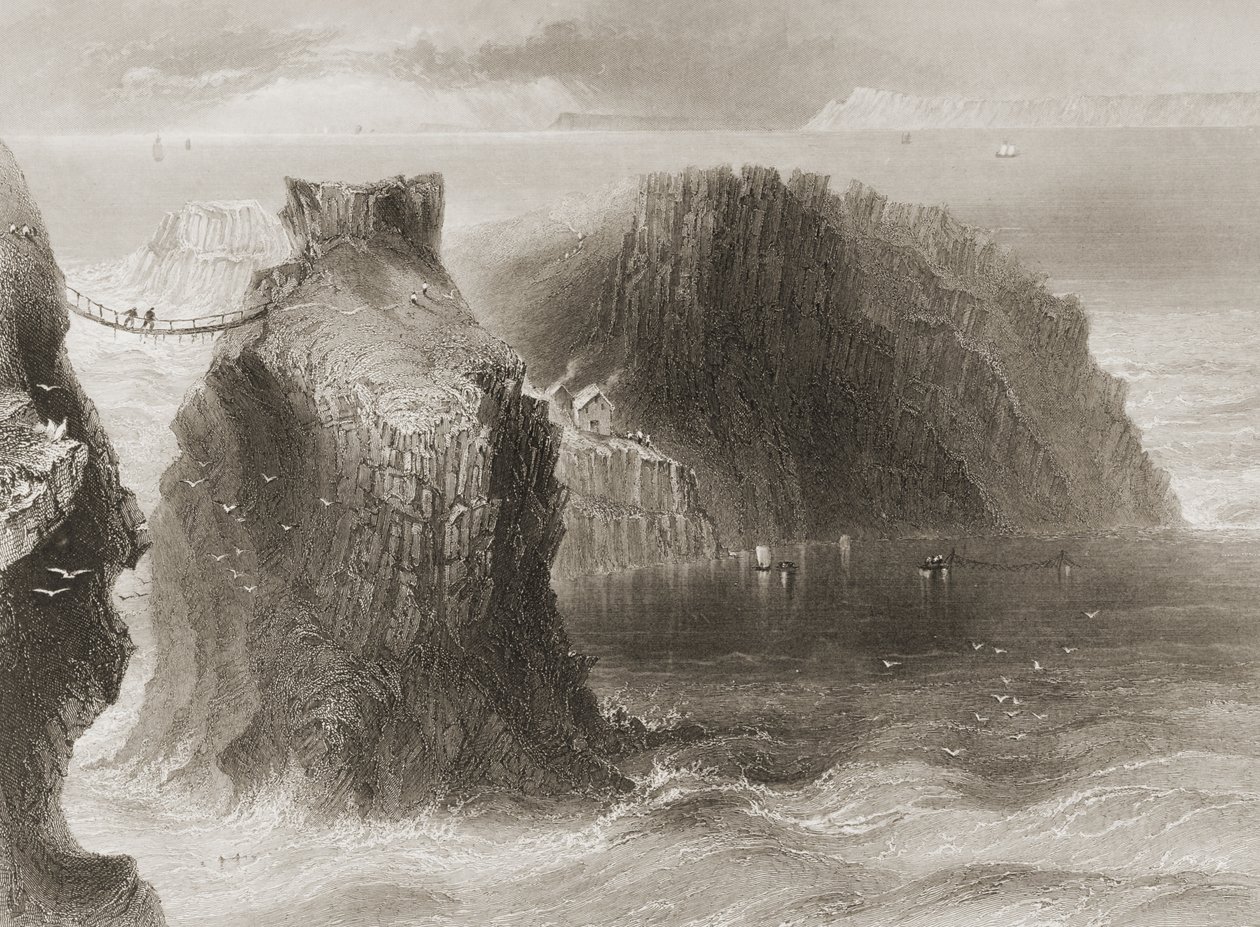 Lanový most Carrick-a-Rede, hrabství Antrim, Severní Irsko, z „Scenery and Antiquities of Ireland“ od George Virtue, 60. léta 19. století od William Henry Bartlett