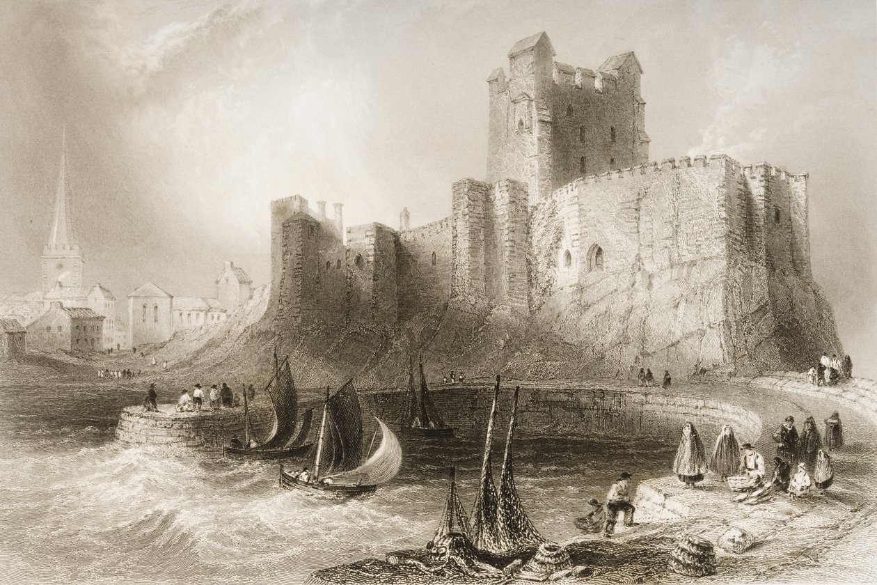 Hrad Carrickfergus, hrabství Antrim, Severní Irsko, z knihy "Scenery and Antiquities of Ireland" od George Virtueho, 60. léta 19. století od William Henry Bartlett