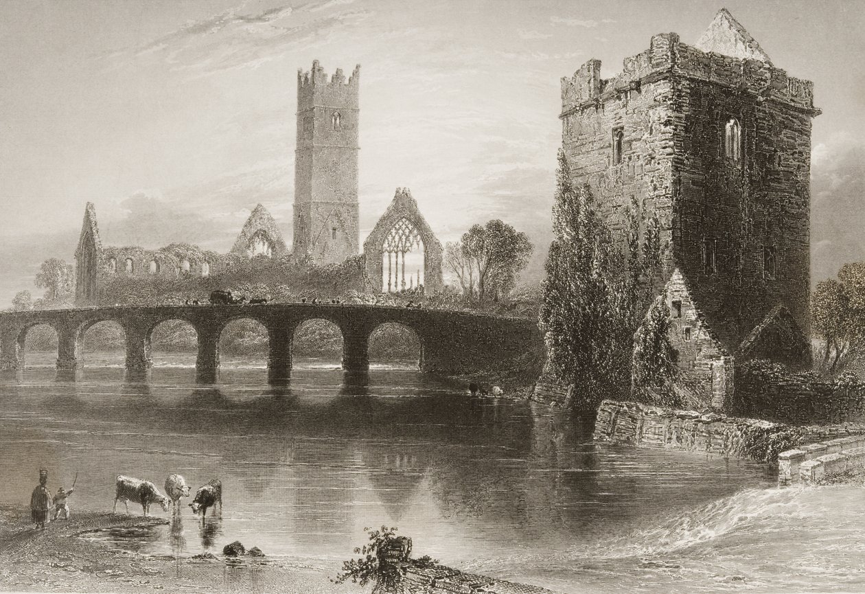 Clare Abbey, hrabství Clare, Irsko, z knihy "Scenery and Antiquities of Ireland" od George Virtue, 60. léta 19. století od William Henry Bartlett