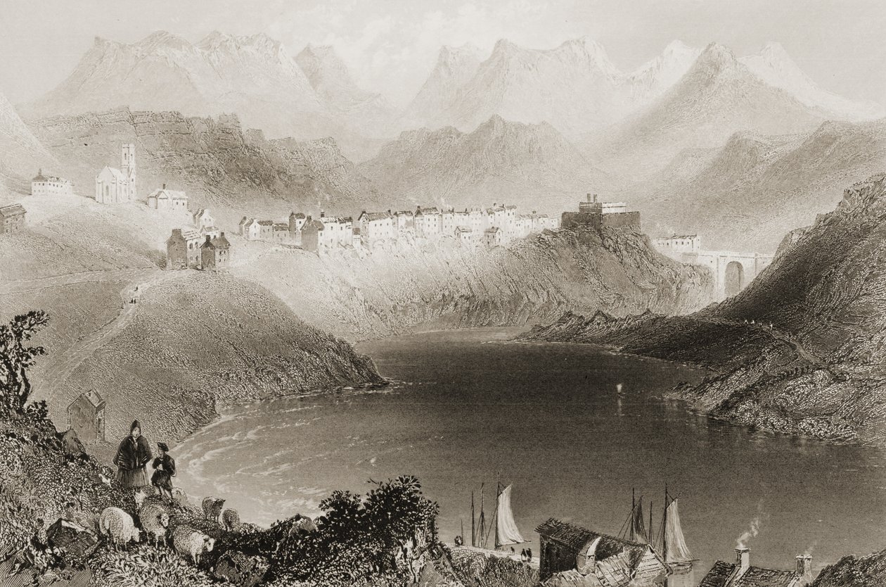 Clifden, Connemara, County Galway, Irsko, z „Scenery and Antiquities of Ireland“ od George Virtue, 1860 od William Henry Bartlett