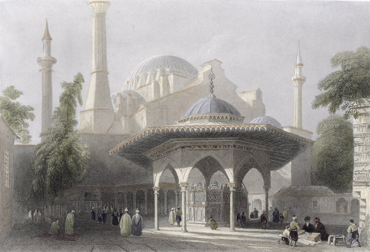 Dvůr a fontána sv. Sofie, Istanbul, vyryl J. Redaway, kolem roku 1850 (akvatinta) od William Henry Bartlett