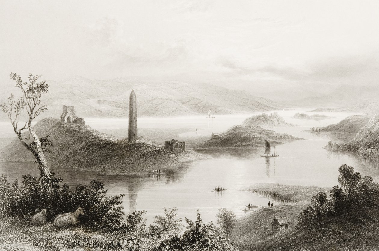 Ostrov Devenish, hrabství Fermanagh, Irsko, z knihy "Scenery and Antiquities of Ireland" od George Virtue, 60. léta 19. století od William Henry Bartlett