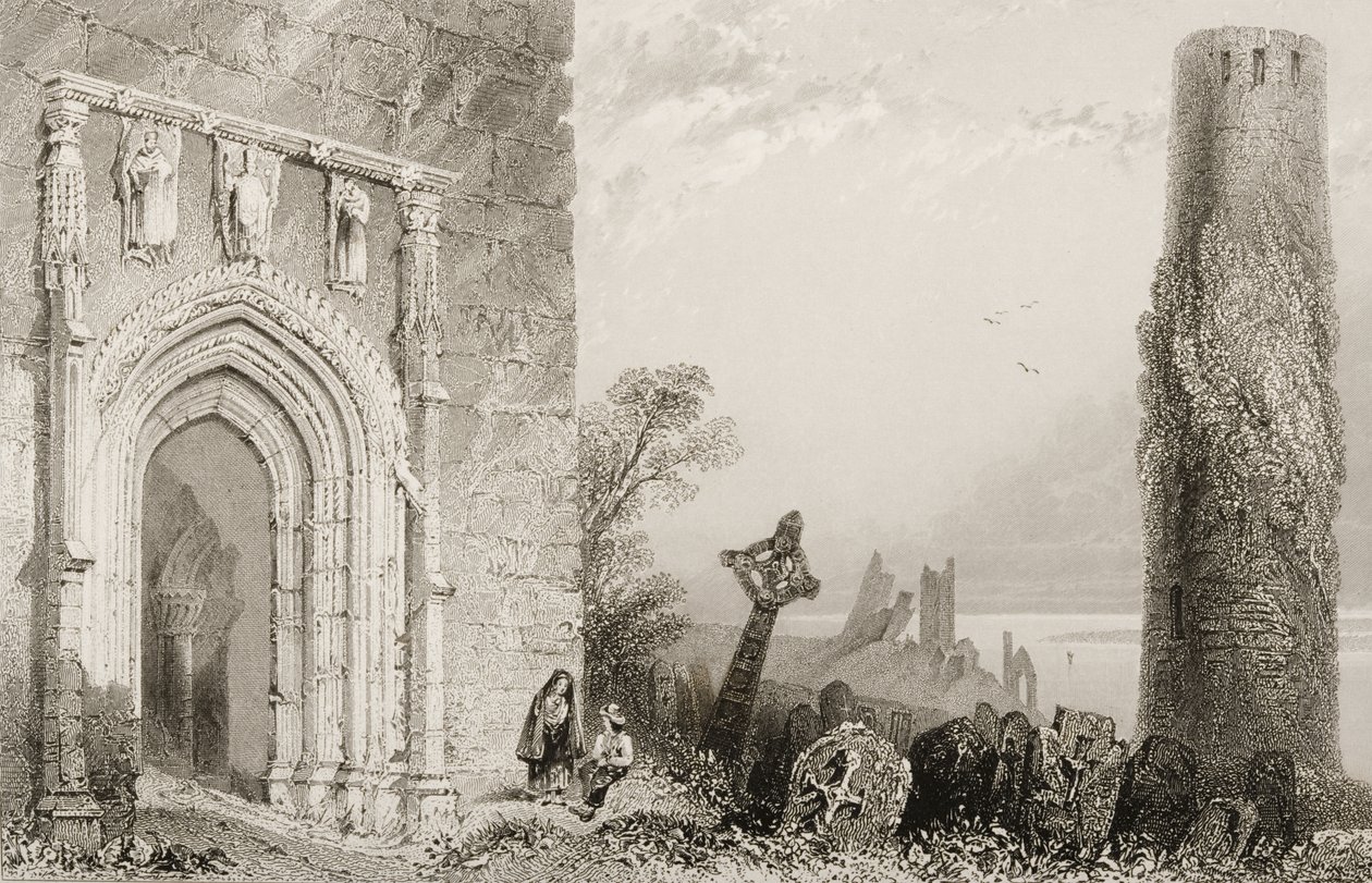 Dveře do chrámu, Clonmacnois, hrabství Offaly, Irsko, z knihy "Scenery and Antiquities of Ireland" od George Virtue, 60. léta 19. století od William Henry Bartlett