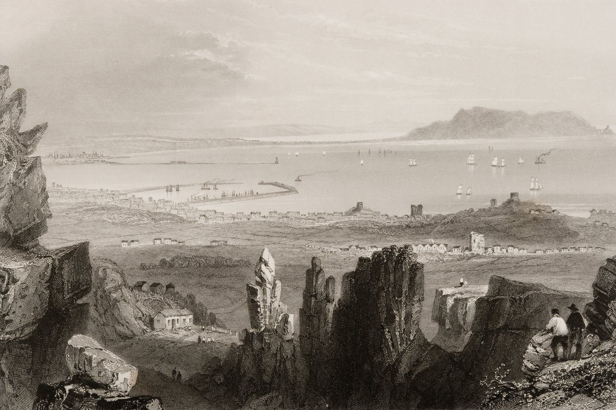 Dublinský záliv z lomů Kingstown, z „Scenérie a starožitnosti Irska“ od George Virtue, 1860 od William Henry Bartlett