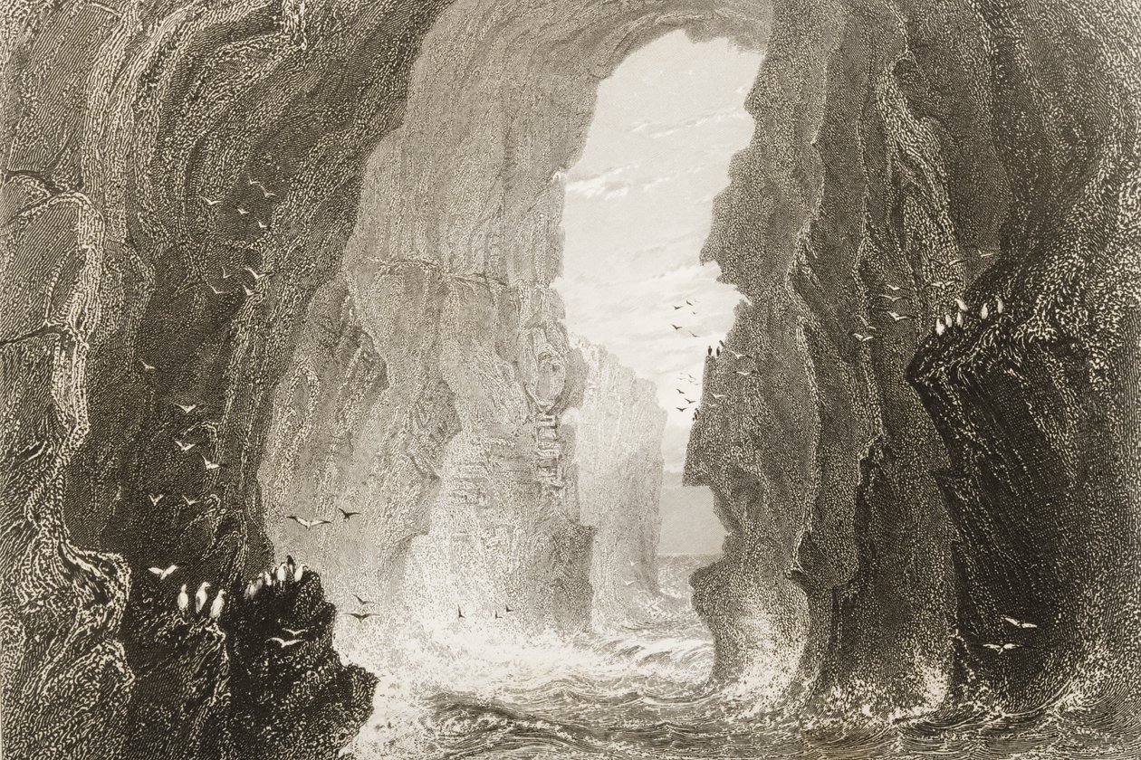 Dunkerry Cave, County Antrim, Severní Irsko, z „Scenery and Antiquities of Ireland“ od George Virtue, 1860 od William Henry Bartlett
