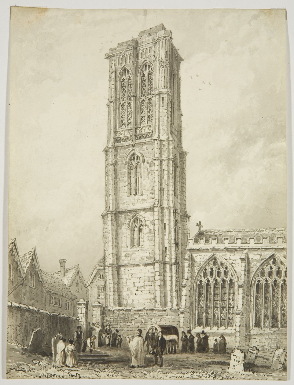 Exteriér chrámového kostela, zobrazující internaci, kolem roku 1825 (tužka a akvarel na papíře) od William Henry Bartlett