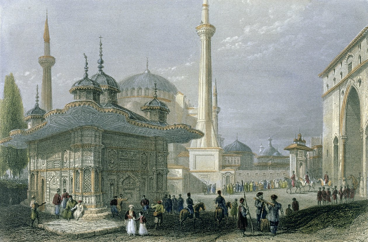 Fontána a náměstí St. Sophia, Istanbul, rytý T. Higham, c.1850 (akvatinta) od William Henry Bartlett
