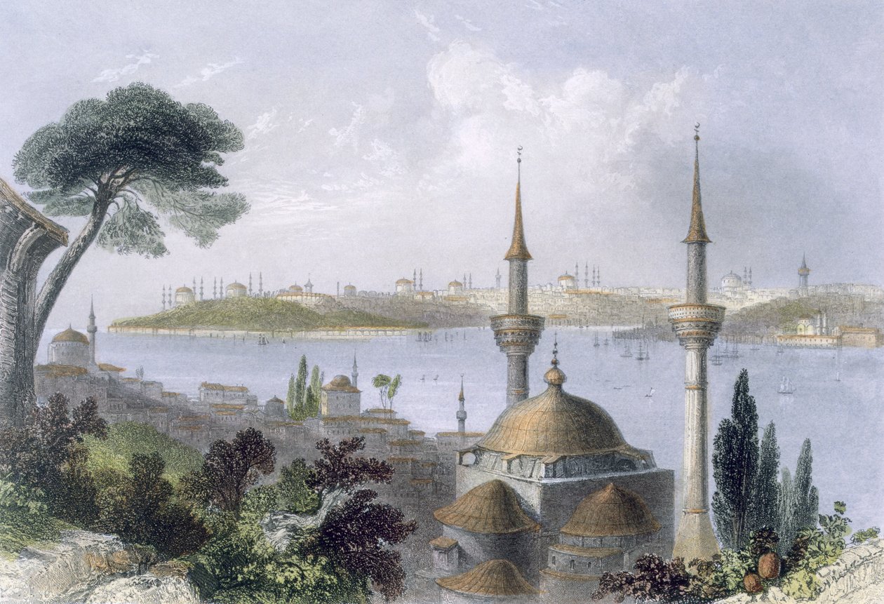 Celkový pohled na Konstantinopol ze Scutari, kolem roku 1850 (barevná akvatinta) od William Henry Bartlett