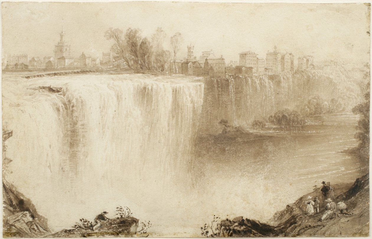 Genesee Falls, Rochester, New York: Study for an Engraving, 1836 (hnědý inkoust se škrábáním na papíře) od William Henry Bartlett