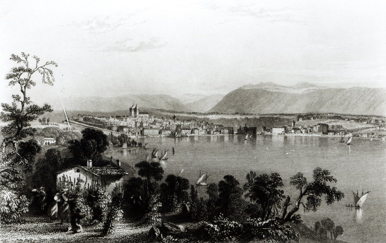 Ženeva z Coligny, rytina Roberta Wallise od William Henry Bartlett