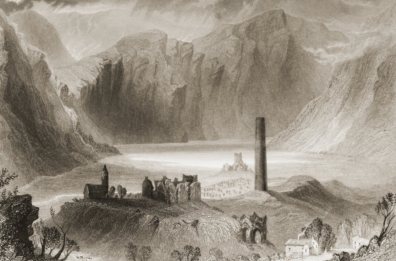 Glendalough, hrabství Wicklow, Irsko, z „Scenery and Antiquities of Ireland“ od George Virtue, 1860 od William Henry Bartlett