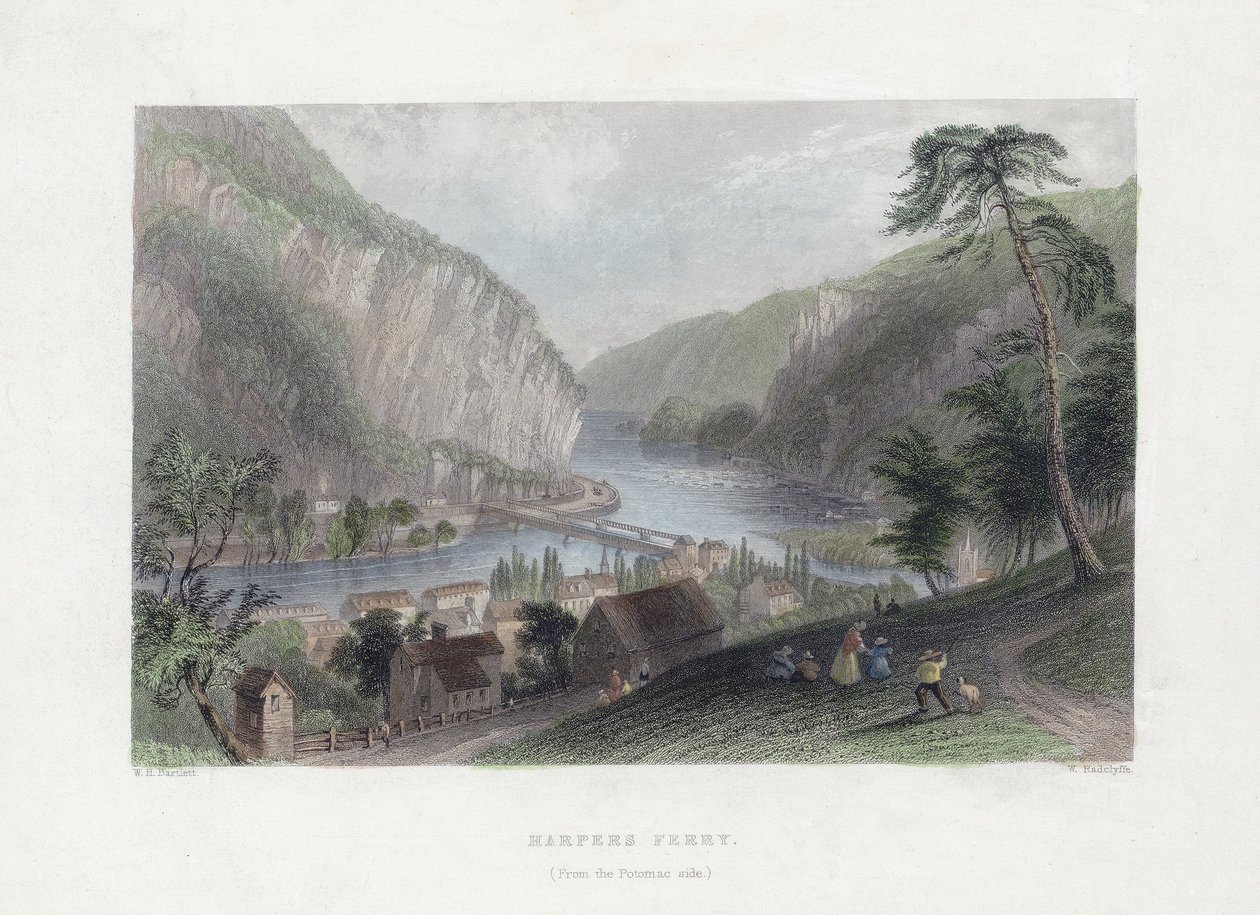 Harpers Ferry (ze strany Potomacu), pub. 1839 (ručně kolorovaná rytina) od William Henry Bartlett