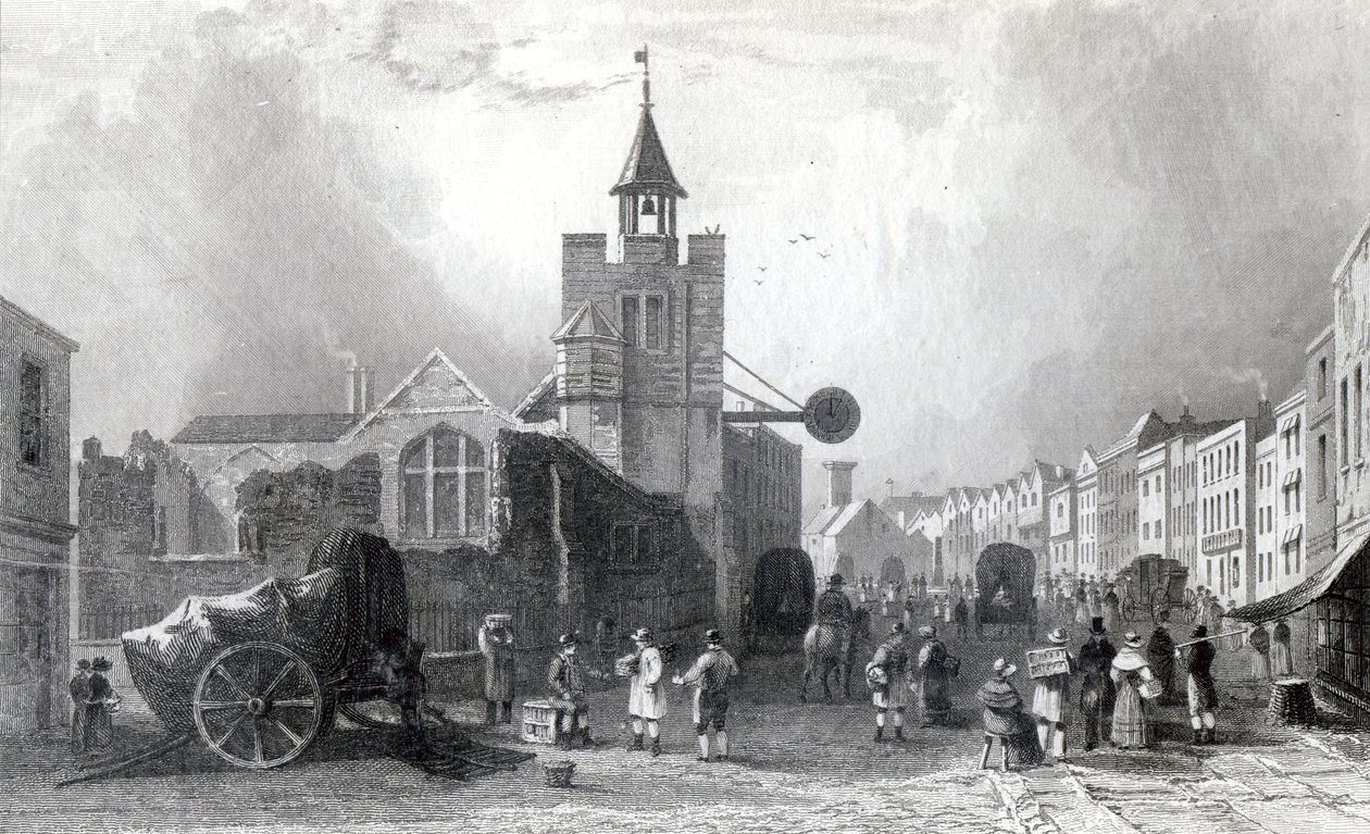 High St. s kostelem svatého Mikuláše, Colchester, Essex, rytina Charles Mottram, 1831 (rytina) od William Henry Bartlett