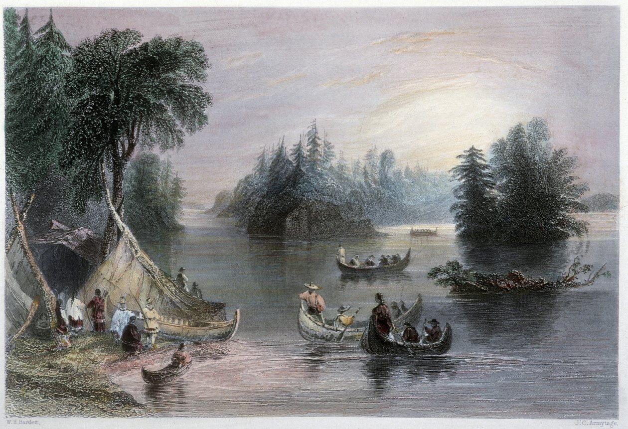 Indické týpí a kánoe, Banks of the St Laurent – v „“kanadské scenérii ilustrované“ W.H. Bartlett, Londýn od William Henry Bartlett