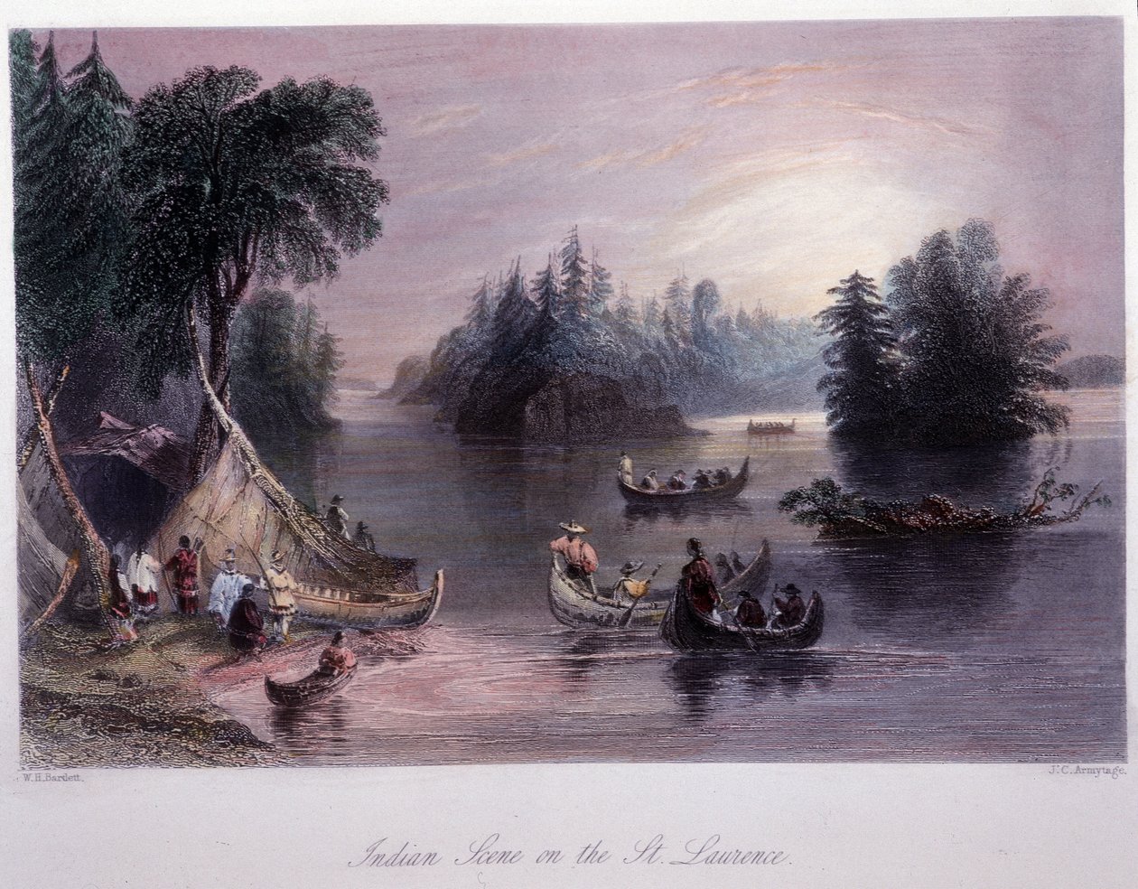 Indiánské ležení na břehu Saint Laurent – v „“kanadské scenérii ilustrované“ Bartlettem W. H. od William Henry Bartlett