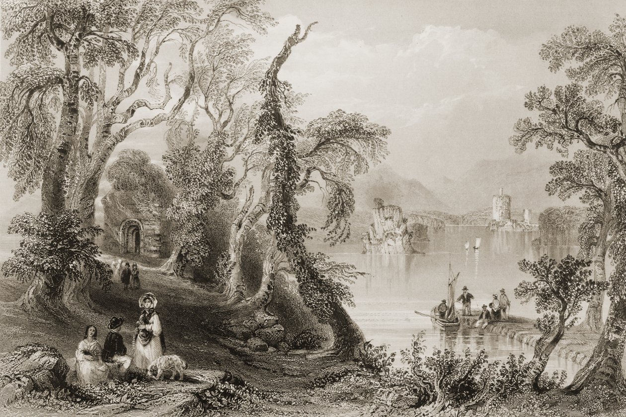 Innisfallen, Killarney Lake, County Killarney, z „Scenery and Antiquities of Ireland“ od George Virtue, 1860 od William Henry Bartlett