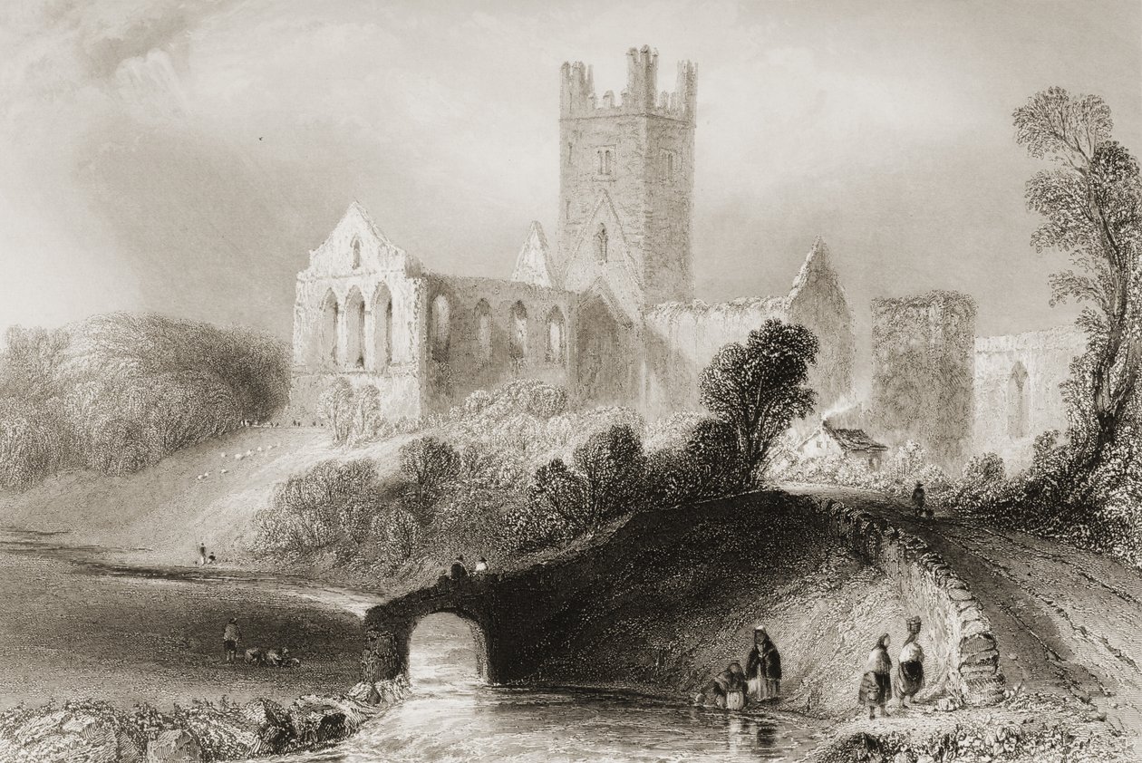 Jerpoint Abbey, County Kilkenny, Irsko, z „Scenery and Antiquities of Ireland“ od George Virtue, 1860 od William Henry Bartlett