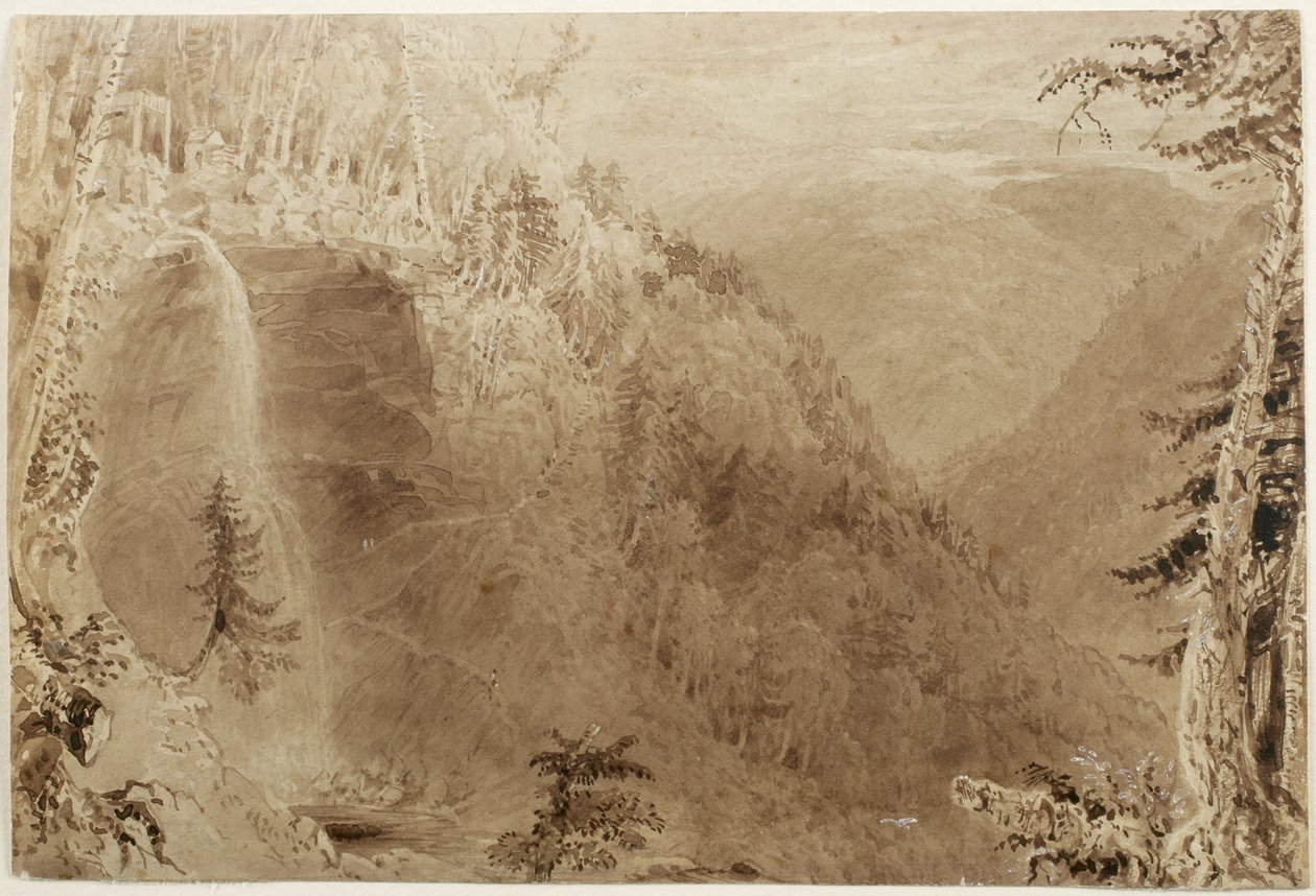 Kaaterskill Falls from Above the Ravine, Catskill Mountains, New York: Study for an Engraving, 1836 (hnědý inkoust s nádechem bílé barvy na papíře, položený na kartonu) od William Henry Bartlett