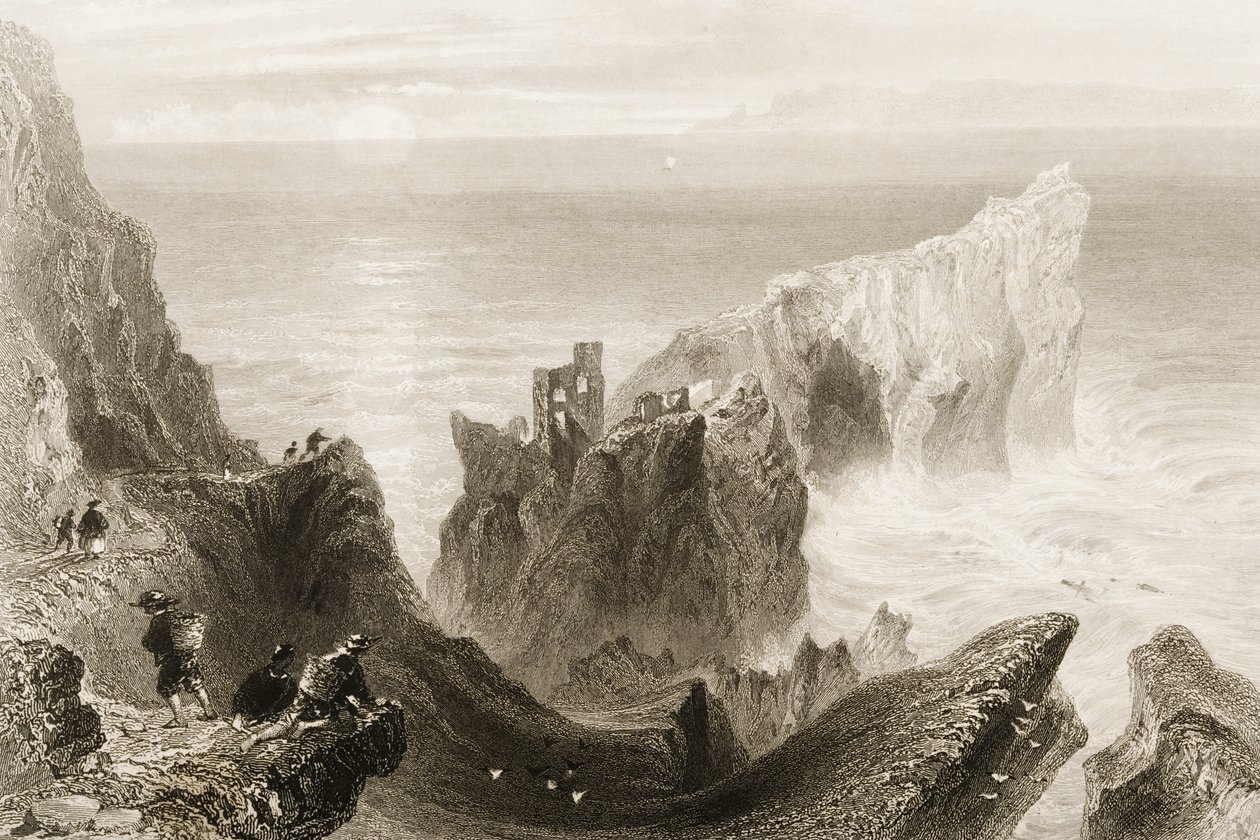Hrad Kenbaan, poblíž Ballycastlu, hrabství Antrim, Severní Irsko, z knihy "Scenery and Antiquities of Ireland" od George Virtue, 60. léta 19. století od William Henry Bartlett