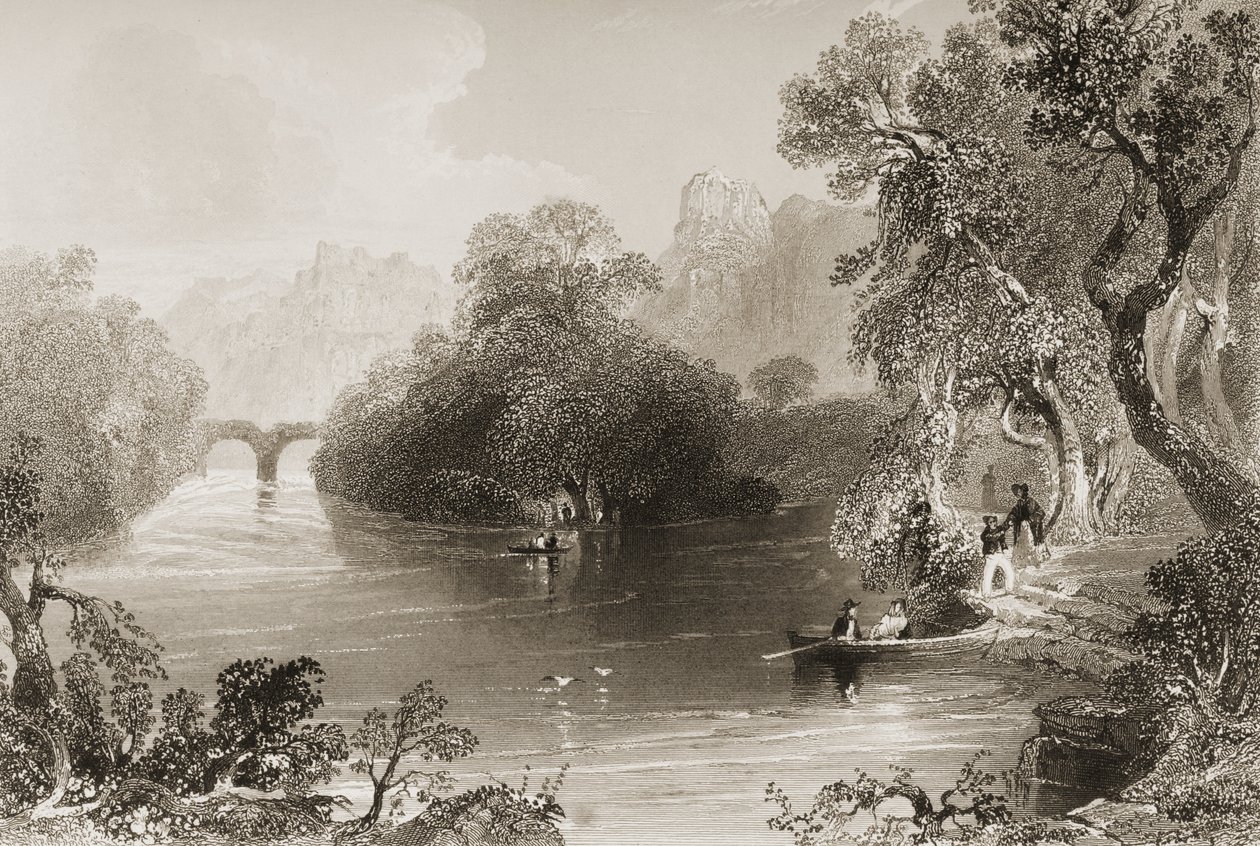 Killarney, Old Weir Bridge, County Killarney, Irsko, z „Scenery and Antiquities of Ireland“ od George Virtue, 1860 (rytina) od William Henry Bartlett