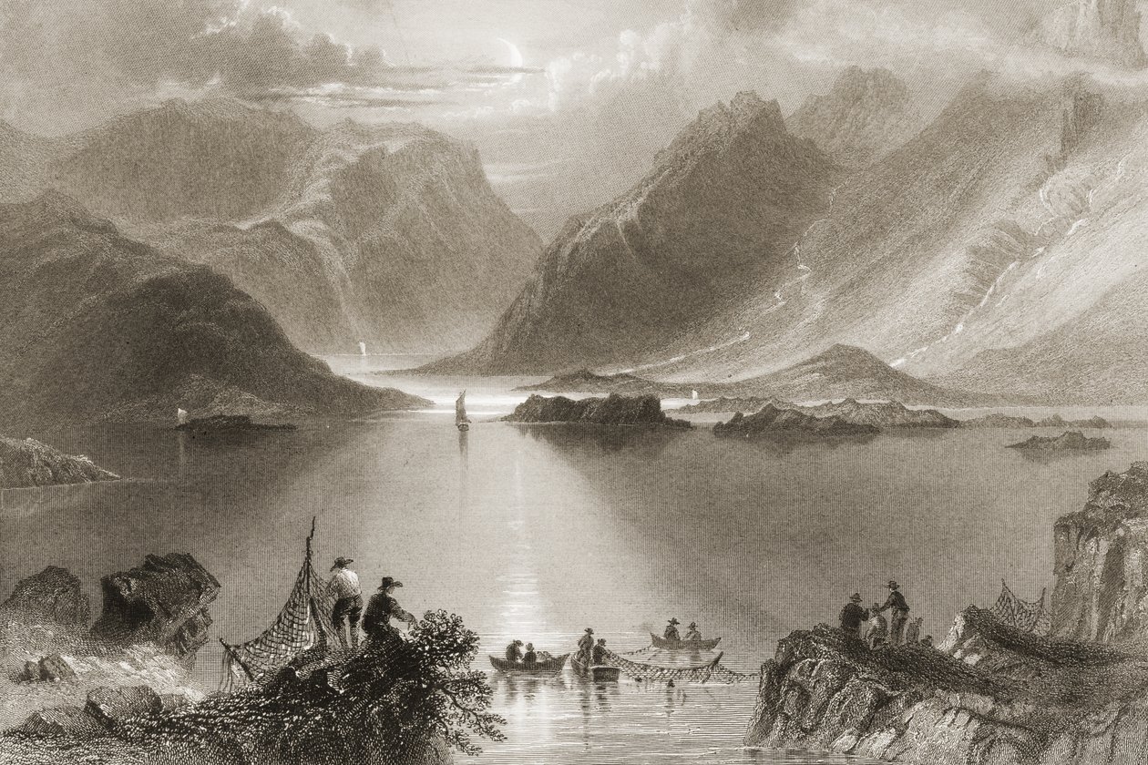 Killary Harbour, County Mayo, Irsko, z „Scenery and Antiquities of Ireland“ od George Virtue, 1860 od William Henry Bartlett