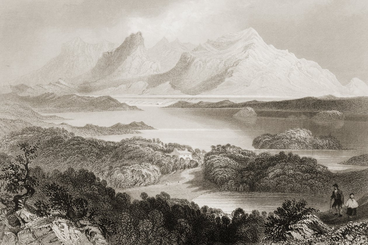 Jezero Garromin, Connemara, hrabství Galway, z knihy "Scenery and Antiquities of Ireland" od George Virtue, 60. léta 19. století od William Henry Bartlett