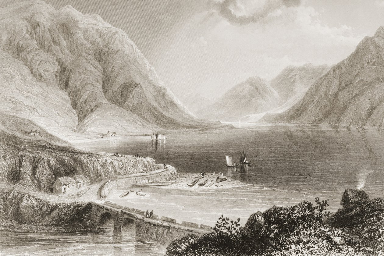 Leenane, Connemara, County Galway, Irsko, z „Scenery and Antiquities of Ireland“ od George Virtue, 1860 od William Henry Bartlett
