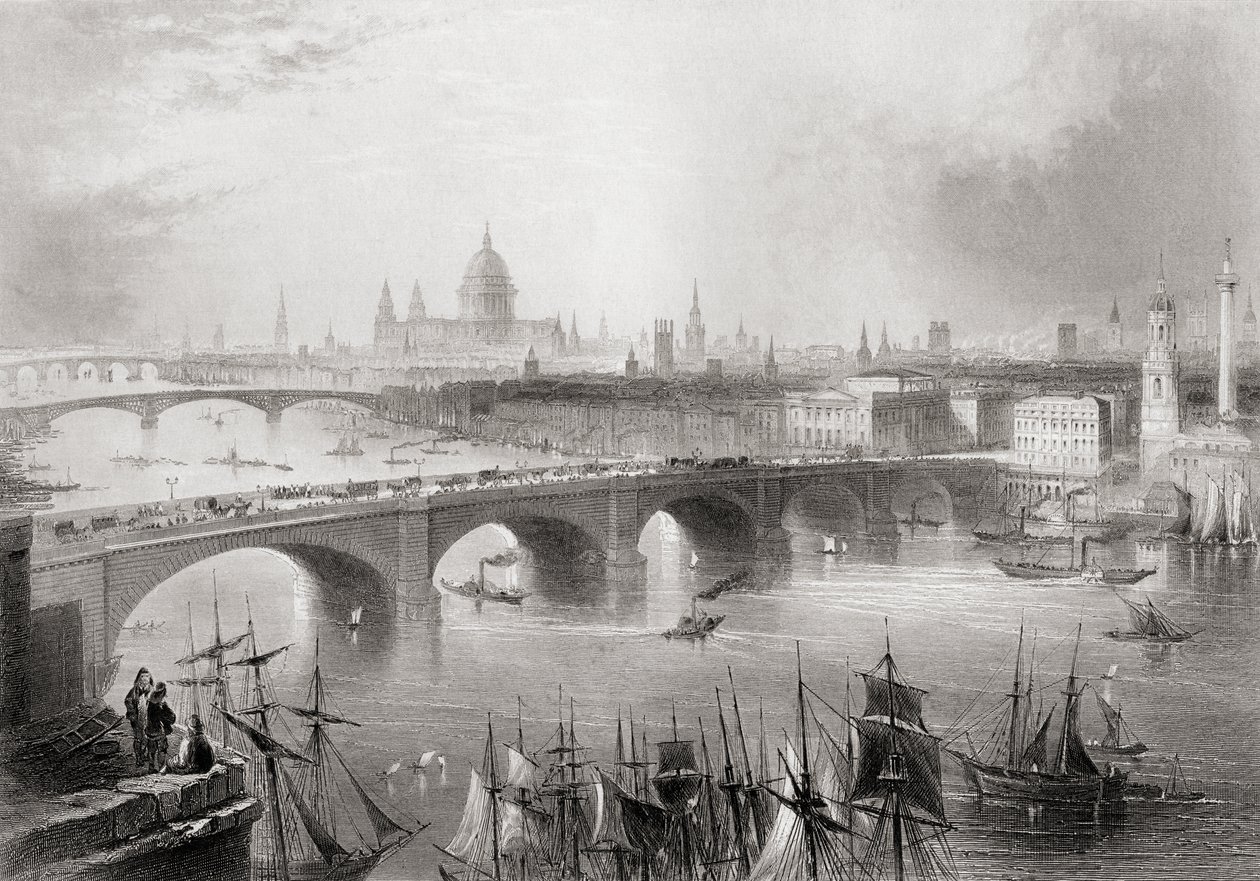 Londýn, Southwark a Blackfriars mosty přes řeku Temži, Londýn, Anglie, z „Cyklopedie užitečných umění a manufaktur“ od Charlese Tomlinsona od William Henry Bartlett