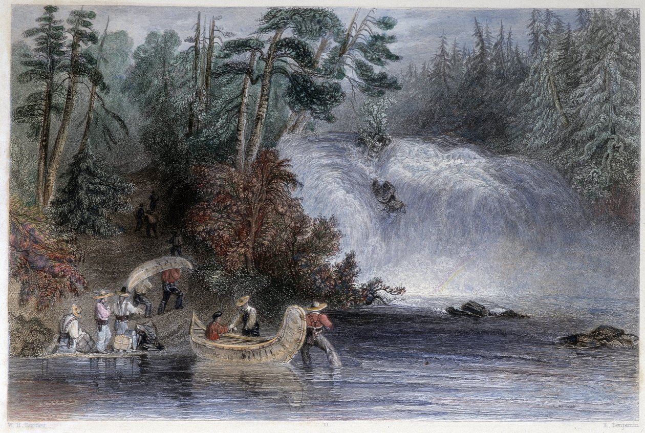 Muži na kánoích při průchodu bystřiny osadníky – v „kanadské scenérii ilustrované“ W.H. Bartlett, Londýn od William Henry Bartlett