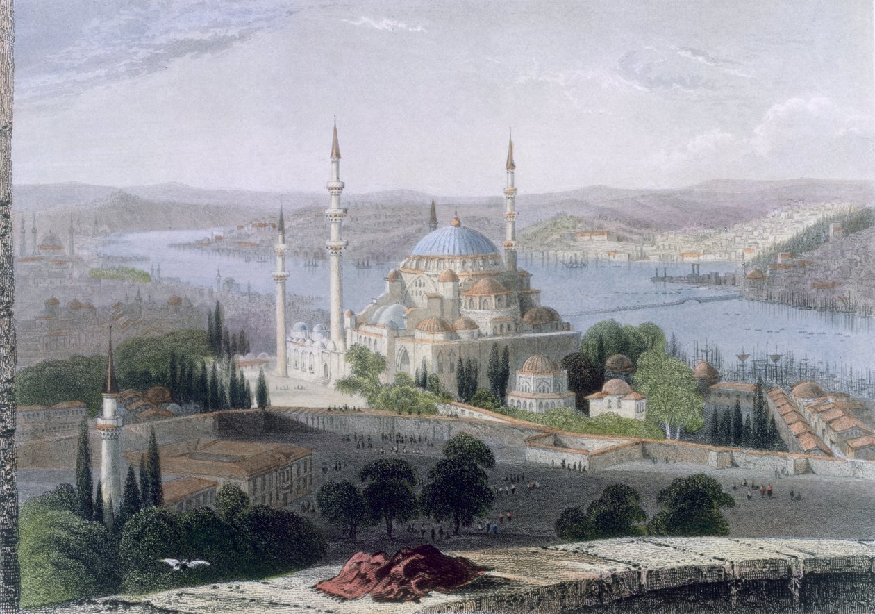 Mešita a Sulejmanova hrobka, asi 1850 (kolorovaná akvatinta) od William Henry Bartlett