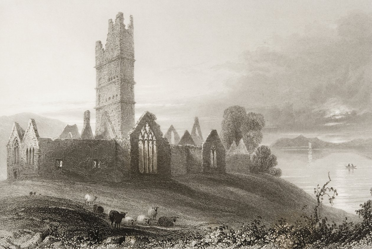Moyne Abbey, County Mayo, Irsko, z „Scenery and Antiquities of Ireland“ od George Virtue, 1860 od William Henry Bartlett