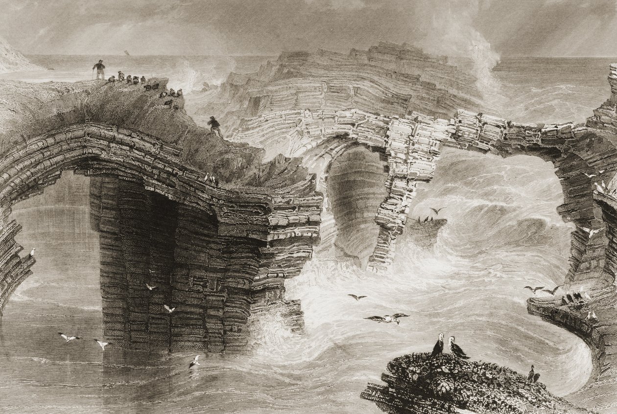 Přírodní mosty poblíž Kilkee, hrabství Clare, Irsko, z „Scenery and Antiquities of Ireland“ jsou George Virtue, 60. léta 19. století od William Henry Bartlett