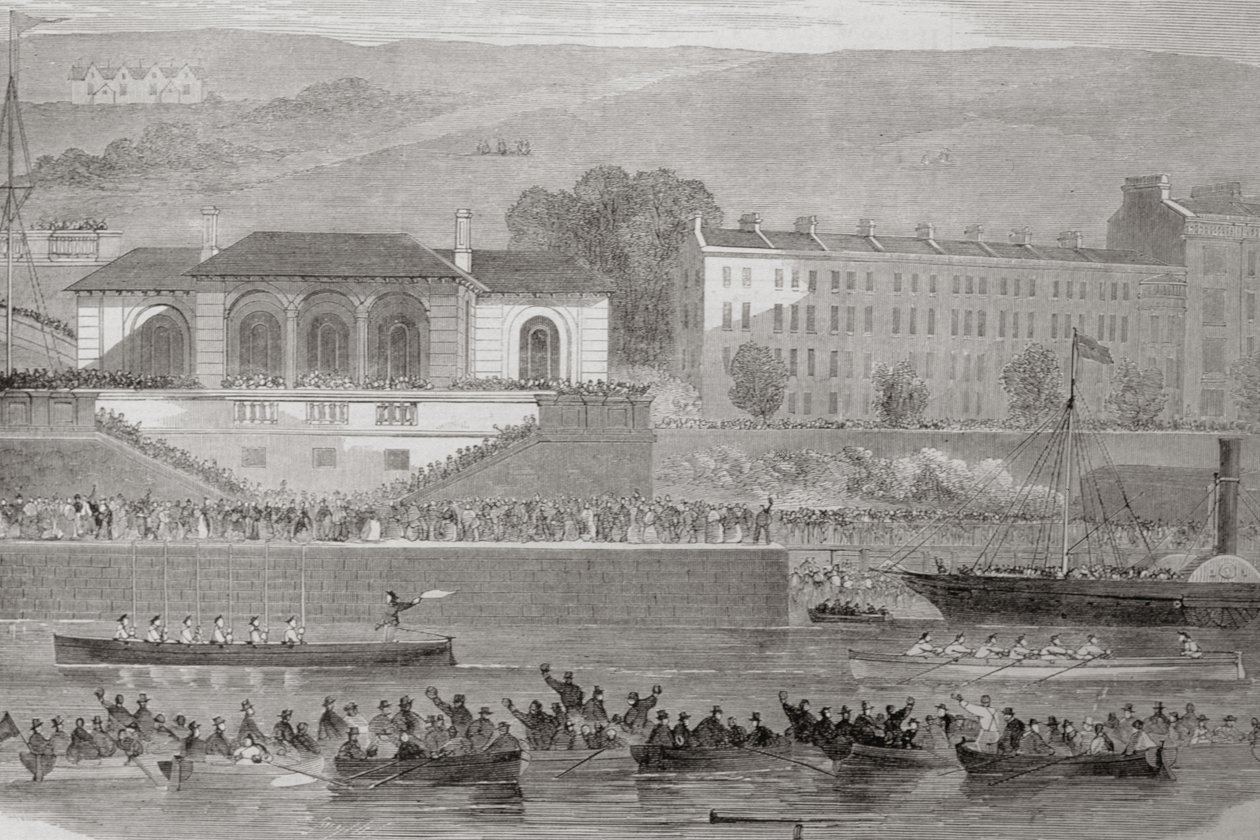 Závod námořních člunů v Cork Harbour, hrabství Cork, Irsko, z „Scenery and Antiquities of Ireland“ od George Virtue, 1860 od William Henry Bartlett